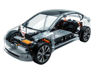 Transparent view of a car reveals internal components, including battery and motor