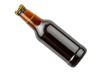 Brown glass bottle, with amber liquid, on a black backdrop