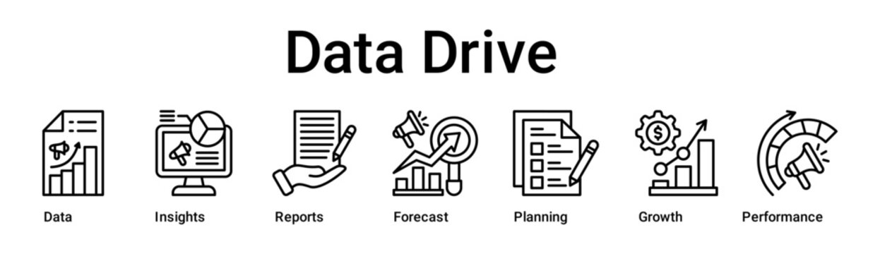 Data Drive banner web icon vector illustration concept for business with icon of Data, Insights, Reports, Forecast, Planning, Growth.