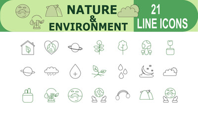 Line style icon set for nature and environment. Vector illustrations