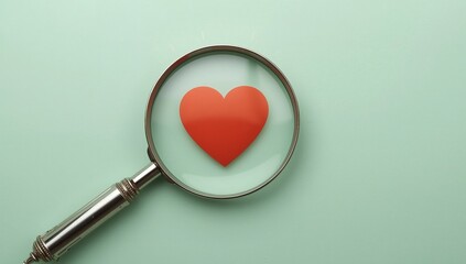 Close up of a bright red heart symbol magnified by a vintage magnifying glass on a soft mint green background