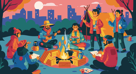 Group of Friends Gathered Around Campfire in City Park at Night.