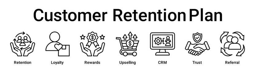 Customer Retention Plan banner web icon vector illustration concept for business with icon of Retention, Loyalty, Rewards, Upselling, CRM, Trust.