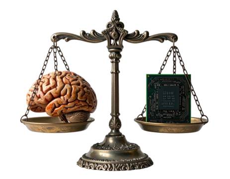 A scale of justice balancing a human brain with a computer circuit board