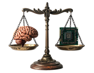 Bronze scale balancing a human brain and a computer processor, concept of intellect and technology