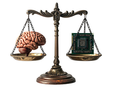 Bronze scale balancing a human brain and a computer processor, concept of intellect and technology