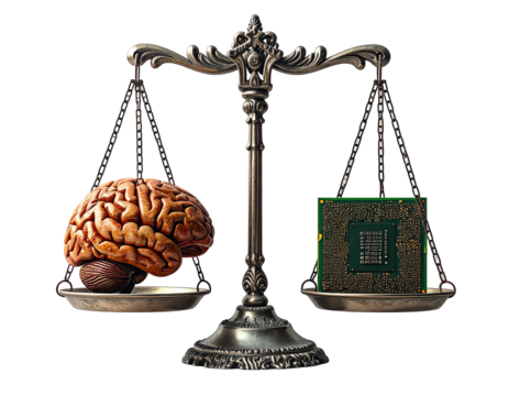 A scale balances a human brain against a computer processor, symbolizing intelligence