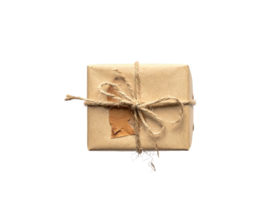 A close-up image displays a simple, wrapped package in brown paper with twine and a small tag