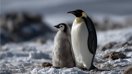 Fototapeta premium Parent and Chick Emperor Penguins Standing Close on Ice