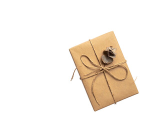A simple, brown paper wrapped present tied with twine and adorned with a sprig on black background