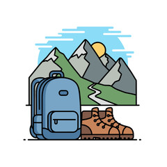 Hiking Gear Illustration - Backpack, Boots, and Mountain Landscape.