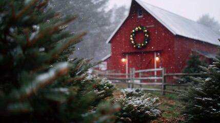 Red barn decorated for Christmas surrounded by snow-covered trees in winter scenery