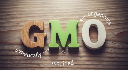 Genetically modified organisms gmo text on a wooden background, representing biotechnology and genetic engineering concepts