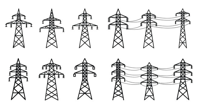 Black and white illustration of multiple electrical power transmission towers