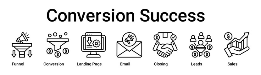 Conversion Success banner web icon vector illustration concept for business with icon of Funnel, Conversion, Landing Page, Email, Closing, Leads.