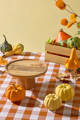 Vertical still life with basket, pumpkins, and warm yellow backdrop. Charming autumn setup perfect...