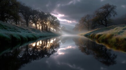Ethereal Misty River Landscape at Sunrise with Golden Light Rays Through Trees