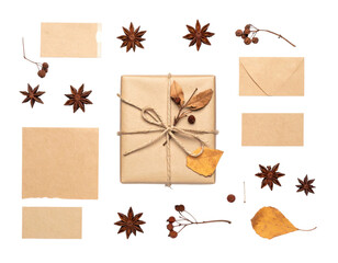 Rustic holiday flat lay with wrapped gift, stationery, star anise, leaves, berries, and twine