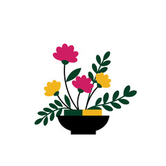 Modern Flat Design Floral Arrangement in Black Bowl with Pink and Yellow Flowers