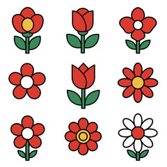 Cute Red Flower Icons Set. Flat Design Vector Illustration Collection of Simple Blossoms, Tulips, and Daisies for Spring and Nature Themes. © sycates