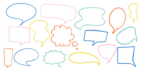 Hand drawn crayon speech bubbles set. Brushstroke texture comic bubbles. Vector EPS 10