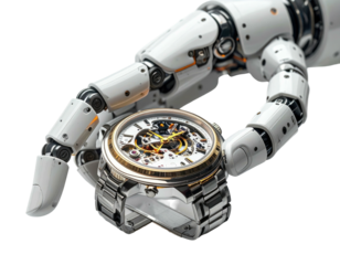 A robotic hand precisely holds a silver wristwatch with visible intricate internal gears against black