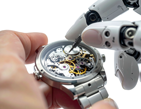 Robot's delicate repair of wristwatch parts, with human hand assisting and showing detail