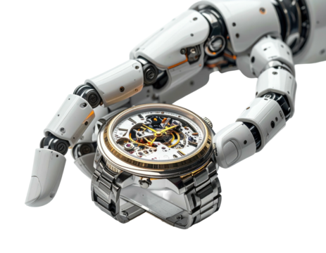 A robotic hand precisely holds a silver wristwatch with visible intricate internal gears against black
