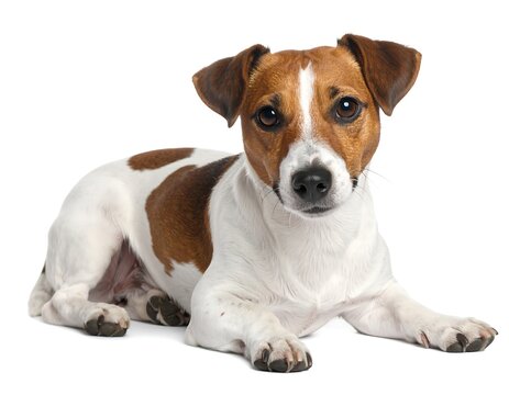 Medium-sized, tan and white canine looking at the viewer