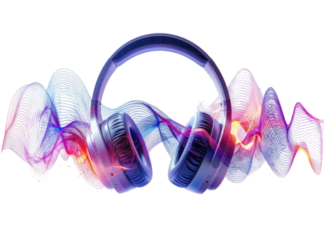 A vibrant, artistic depiction of headphones with sound waves emanating from their earcups