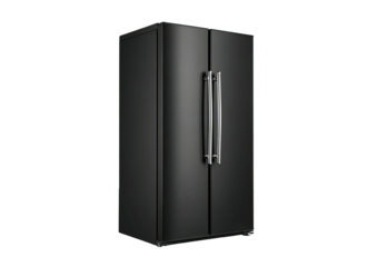 Matte black, double-door refrigerator on a black background