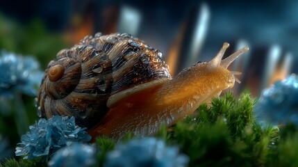 Macro nature photography of a glistening snail with water droplets on its shell, surrounded by soft blue flowers and lush green moss, mystical and serene mood.