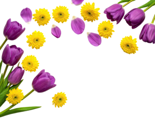 A floral arrangement of vibrant purple tulips and yellow daisies on a black background