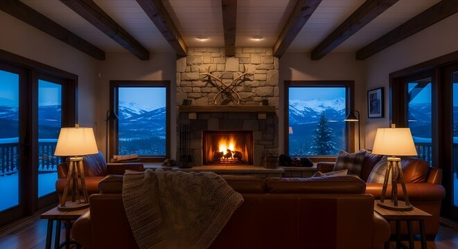 cozy mountain living room fireplace warm ambiance snow landscape