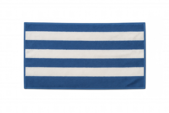 Blue and white striped beach towel with a nautical design, isolated and showing a transparent background