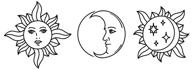 Celestial emblems - sun moon and stars line art vector illustration