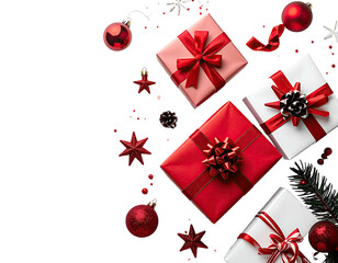 Overhead view of gift boxes, ornaments, and stars on a dark background; holiday