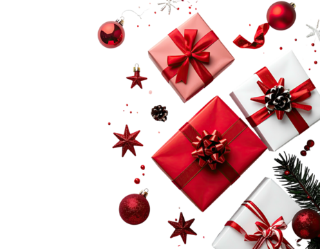 Overhead view of gift boxes, ornaments, and stars on a dark background; holiday