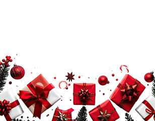 Festive arrangement of wrapped presents and ornaments with dark background