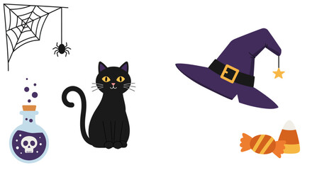 Charming halloween icons featuring black cat witch hat spiderweb potion and candy corn perfect for festive decorations and designs isolated on white background