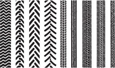 Black vector collection of diverse tire tracks and wheel tread patterns isolated.