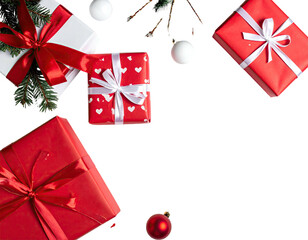 Overhead view features various wrapped presents with ribbons and ornaments scattered on a black backdrop