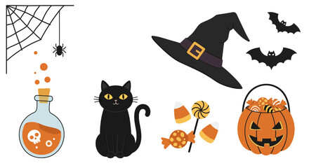Haunted halloween icons collection festive spooky elements for scary celebrations and festive decorations including black cat witch hat spiderweb and candy corn basket isolated on white background