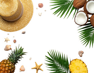 A summer vacation composition featuring a straw hat, coconuts, pineapple, seashells, & palm leaves