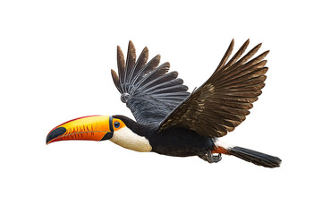 Vibrant toucan exhibits remarkable flight pattern with fully extended wings providing an amazing avian photography subject showing an animal in its full element in nature with