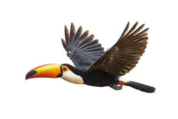 Vibrant toucan exhibits remarkable flight pattern with fully extended wings providing an amazing avian photography subject showing an animal in its full element in nature with