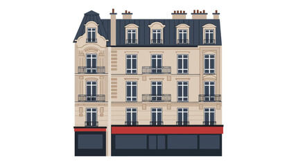Charming parisian building facade featuring classic architecture windows balconies and rooftop dormers offering an iconic european urban street scene. isolated on white background