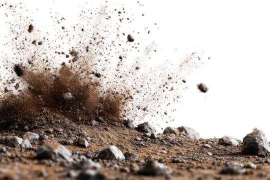 Ground explodes, dirt and rocks eject into air