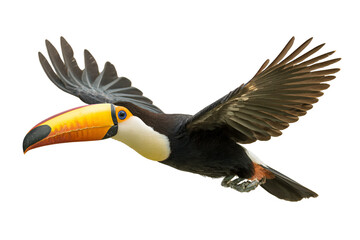Spectacular toucan flies with wings outstretched featuring its iconic colorful beak and feathers offering a vibrant glimpse of exotic wildlife in flight highlighting rainforest