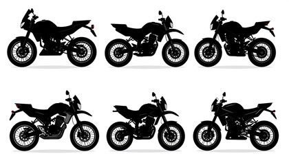 Obraz premium Silhouetted motorcycles, different styles, positioned in rows against white